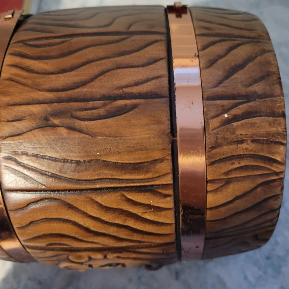 Vtg MCM Treasure Craft Faux Oak Ceramic Cookie Jar/Canister Barrel Copper Straps
